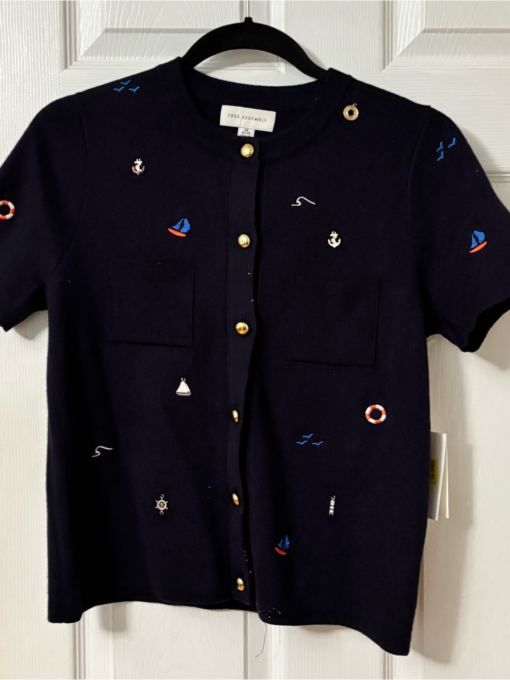 Free Assembly Women's Navy Embroidered Nautical Cardigan